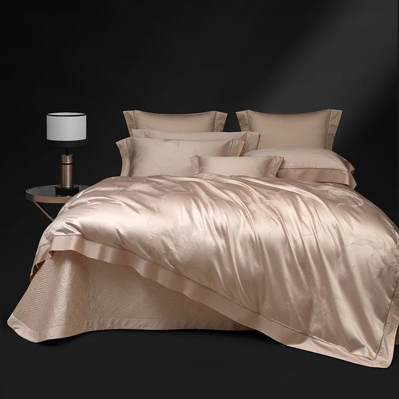 Blush pink floral jacquard bedding with matching pillow shams, full view of LUSTRA BLUSH – L&B