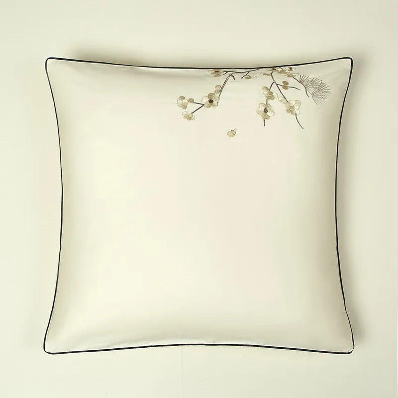 Ivory Egyptian cotton pillow sham with delicate blue botanical embroidery and refined gray piping – L&B