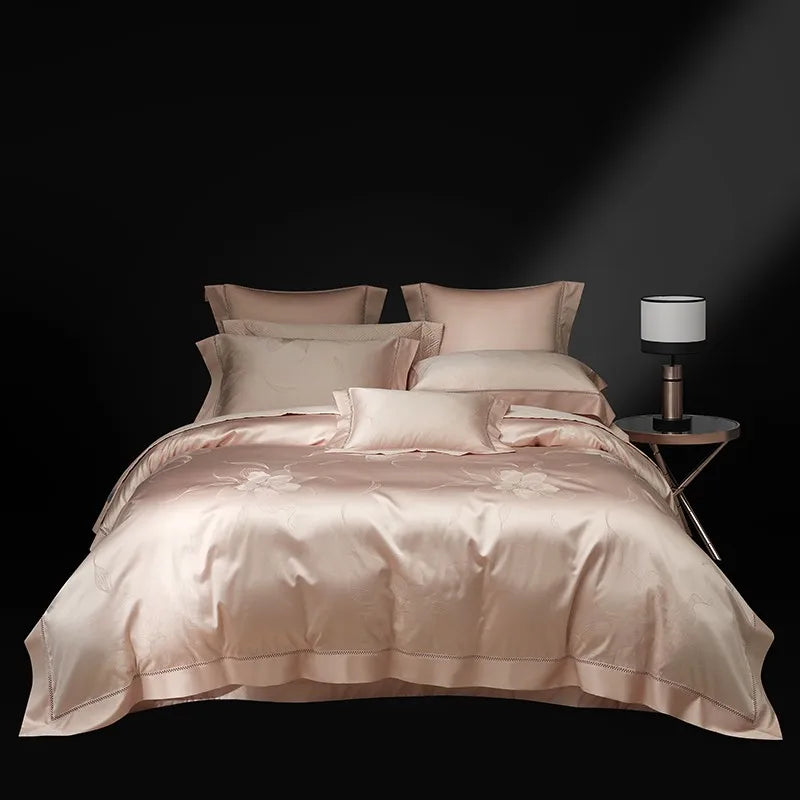 Blush pink floral jacquard duvet cover and quilted bedspread set, full front view of LUSTRA BLUSH – L&B