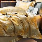 Gold Egyptian cotton bedding set arranged with matching jacquard shams and a flowing duvet cover on a modern bed – L&B
