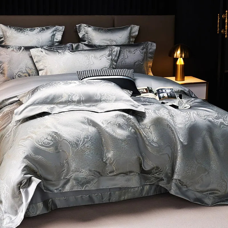 Silver grey Egyptian cotton duvet cover set with a metallic jacquard pattern and coordinated decorative pillow shams – L&B
