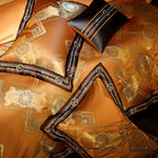 Burnt orange jacquard duvet cover with gold damask medallions and tailored dark braided edging – ROYAL H. ORANGE – L&B