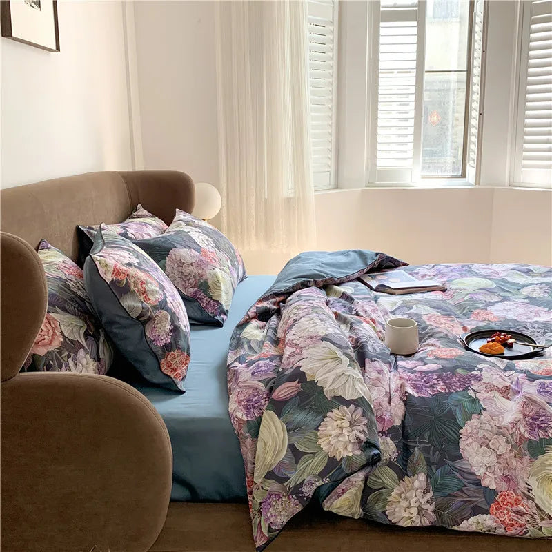 Dark floral Egyptian cotton bedding with matching pillow shams, side view of FLOWER GARDEN – L&B