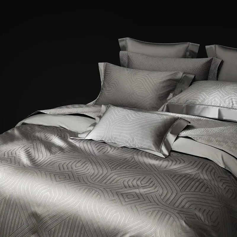 Pewter gray geometric jacquard bedding with sculptural contour linework, LUSTRA PEWTER – L&B