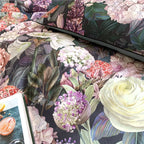 Detailed garden floral print on black Egyptian cotton duvet cover and pillow sham, FLOWER GARDEN – L&B