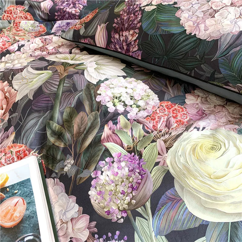 Detailed garden floral print on black Egyptian cotton duvet cover and pillow sham, FLOWER GARDEN – L&B