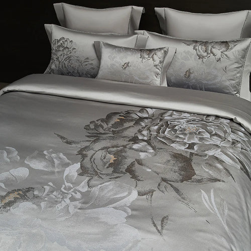 Silver gray Egyptian cotton duvet cover with oversized floral jacquard design, SILVIORA – L&B