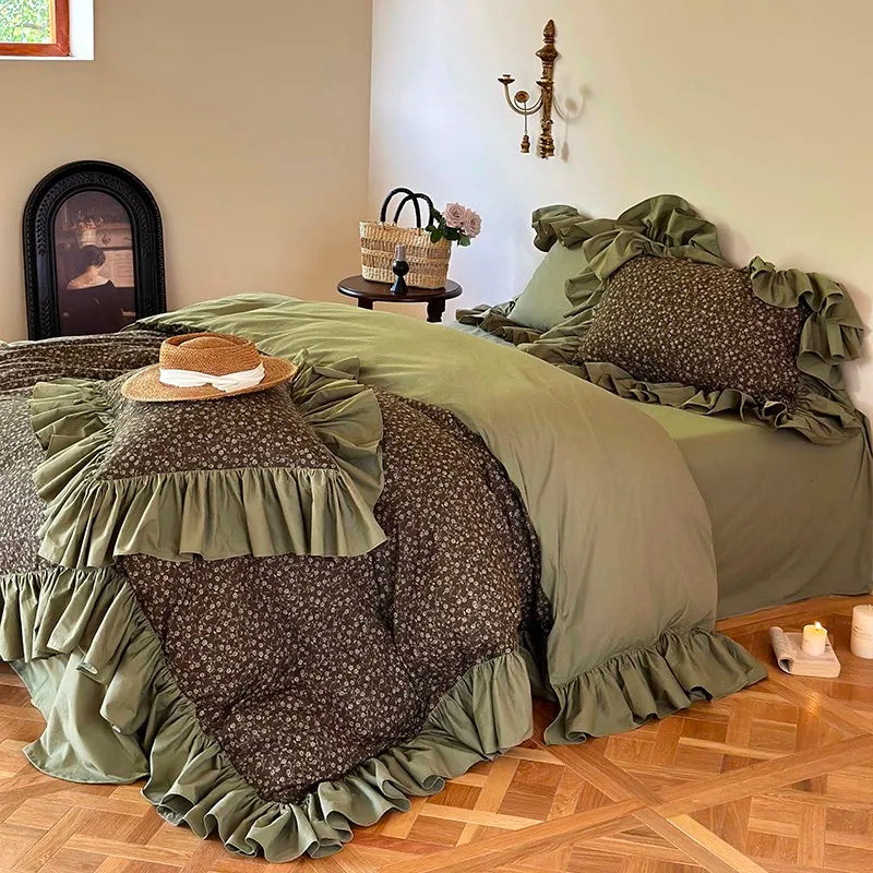 Olive green floral ruffle duvet cover set in 100% cotton, MOSSBELLE styled in a cottagecore bedroom – L&B