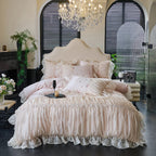Blush pink princess ruffled lace duvet cover and bed skirt set, RUBYLACE BLUSH styled in an elegant bedroom – L&B