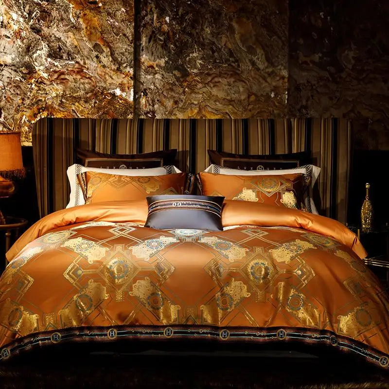 Burnt orange and gold baroque duvet cover set displayed in a centered bedroom view – ROYAL H. ORANGE – L&B