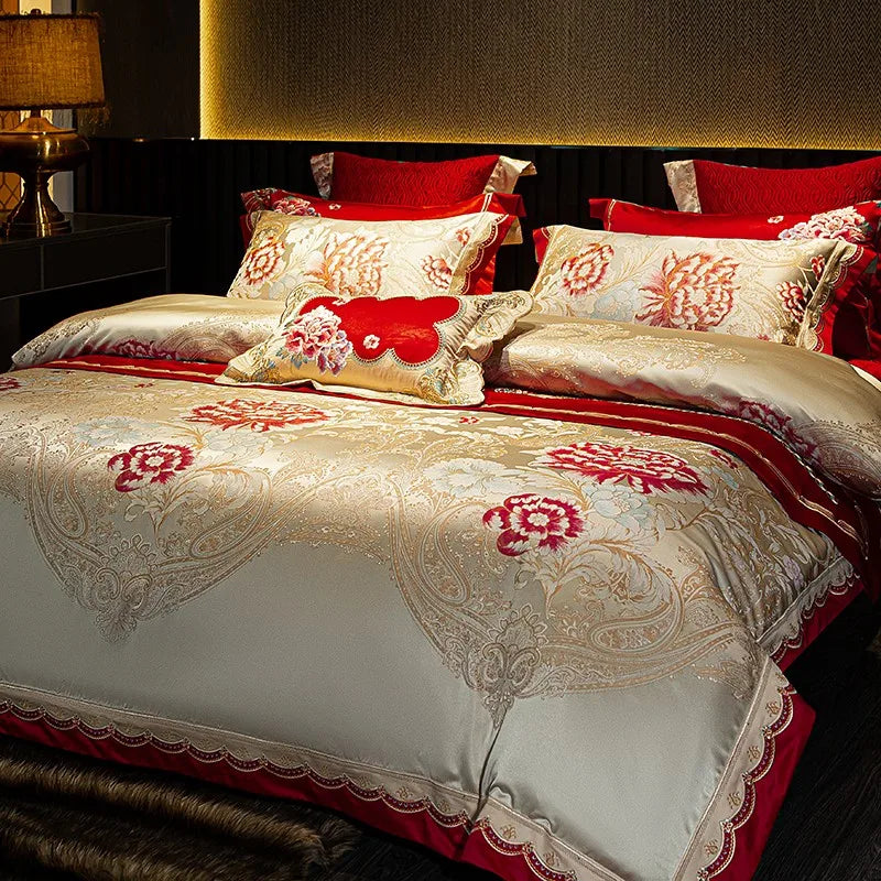 Ivory and red floral embroidered duvet cover set with gold jacquard details and coordinating pillow shams – L&B