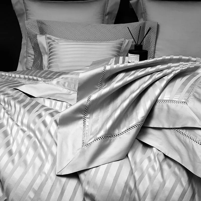 Silver gray striped jacquard bedding with fluid drape and coordinating pillows, LUSTRA SILVER – L&B