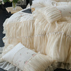 Ivory princess bedding layered with cascading ruffles, lace and matching pillow shams, RUBYLACE IVORY – L&B