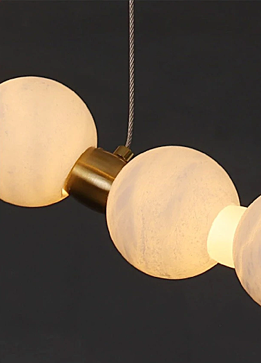 Spanish alabaster orb bead detail – handcrafted natural stone chandelier close-up 