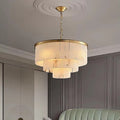 3-tier alabaster chandelier for dining room and living room with layered natural stone panels and a gold frame - L&B