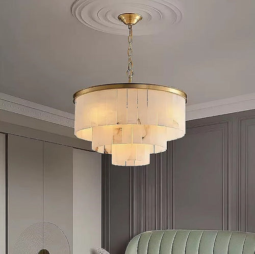 3-tier alabaster chandelier for dining room and living room with layered natural stone panels and a gold frame - L&B