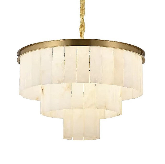 3-tier alabaster drum chandelier with cascading stone panels and a warm glow - L&B
