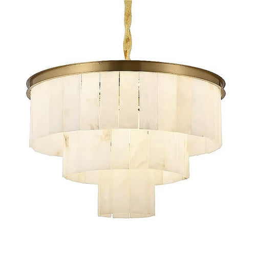 3-tier alabaster drum chandelier with cascading stone panels and a warm glow - L&B