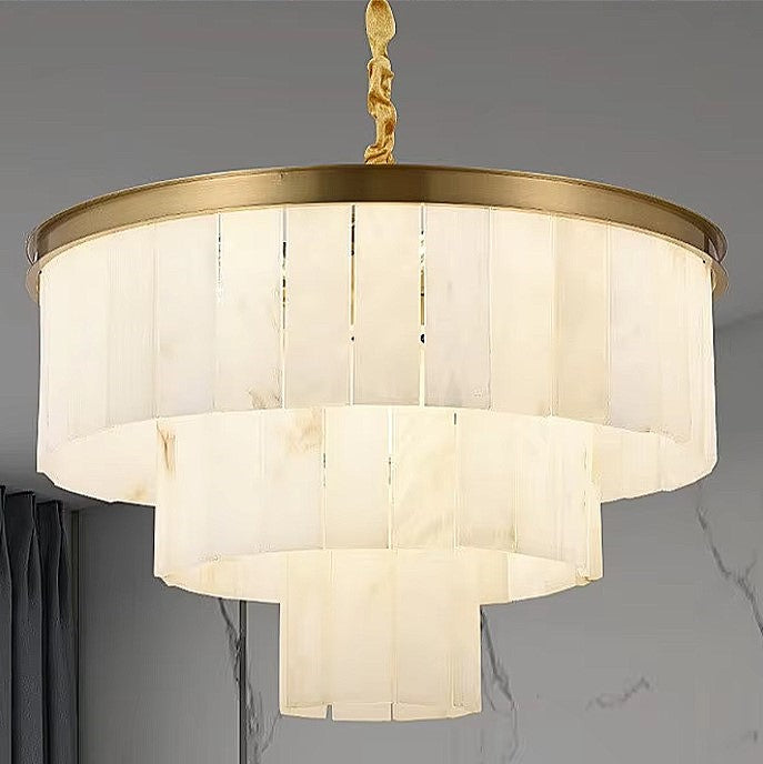 Tiered alabaster chandelier for foyer and dining room with three layered tiers and a gold frame - L&B