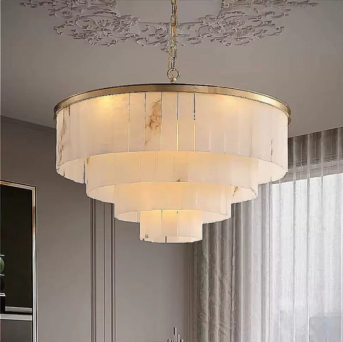 Cascading alabaster chandelier for foyer and high-ceiling living room with four layered tiers and gold chain suspension - L&B