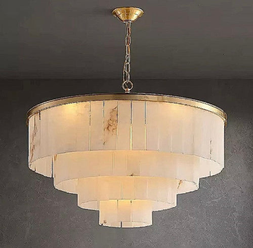 4-tier alabaster chandelier for dining room and foyer with layered natural stone panels and a gold frame - L&B