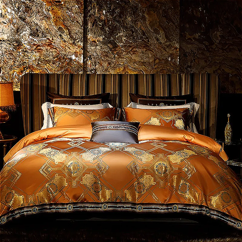 Burnt orange and gold baroque duvet cover set in 800TC Egyptian cotton satin with ornate medallion jacquard – ROYAL H. ORANGE – L&B