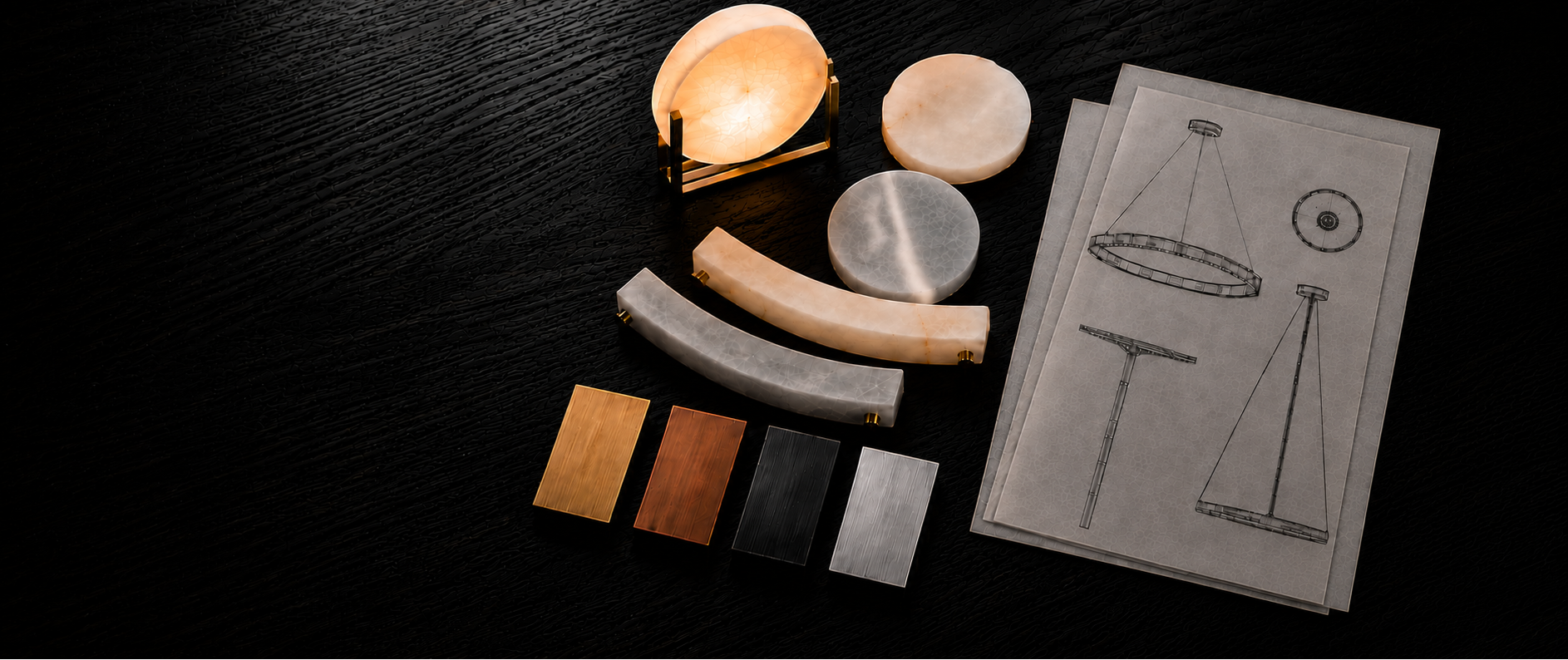 Custom alabaster lighting materials with an illuminated natural alabaster disc, brass finishes, and luxury chandelier design drawings – L&B