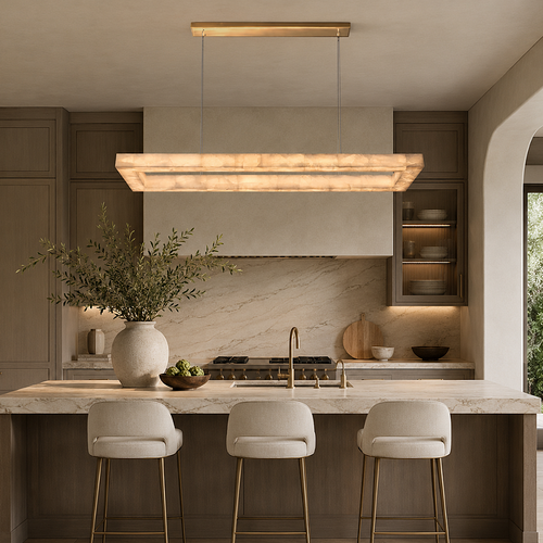 Alabaster Linear Chandelier for Dark Wood Kitchen Island with Gold-Tone Copper Frame | BASPEAQ R. - L&B