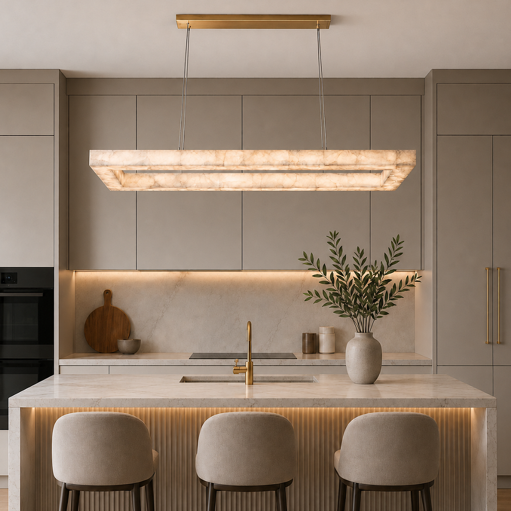 Alabaster Linear Chandelier for Modern Beige Kitchen Island with Gold Canopy | BASPEAQ R. - L&B