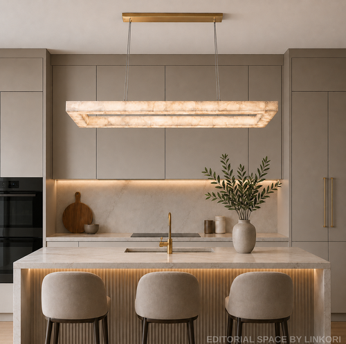 Modern alabaster kitchen island chandelier with a gold canopy in a warm neutral contemporary kitchen
