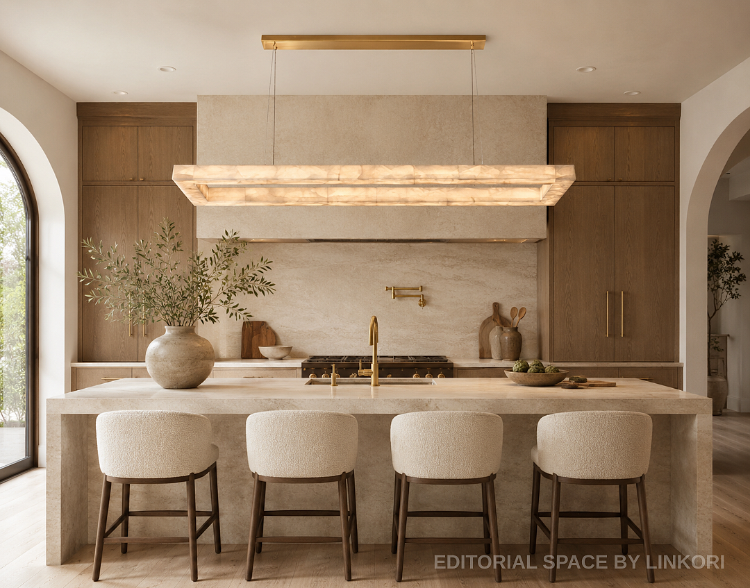 Rectangular alabaster pendant light above a stone kitchen island in a quiet luxury interior with warm wood cabinets