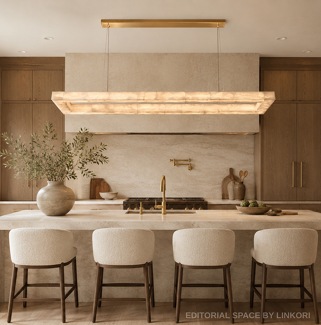 Large alabaster linear chandelier with a gold canopy over a marble kitchen island in a warm modern kitchen