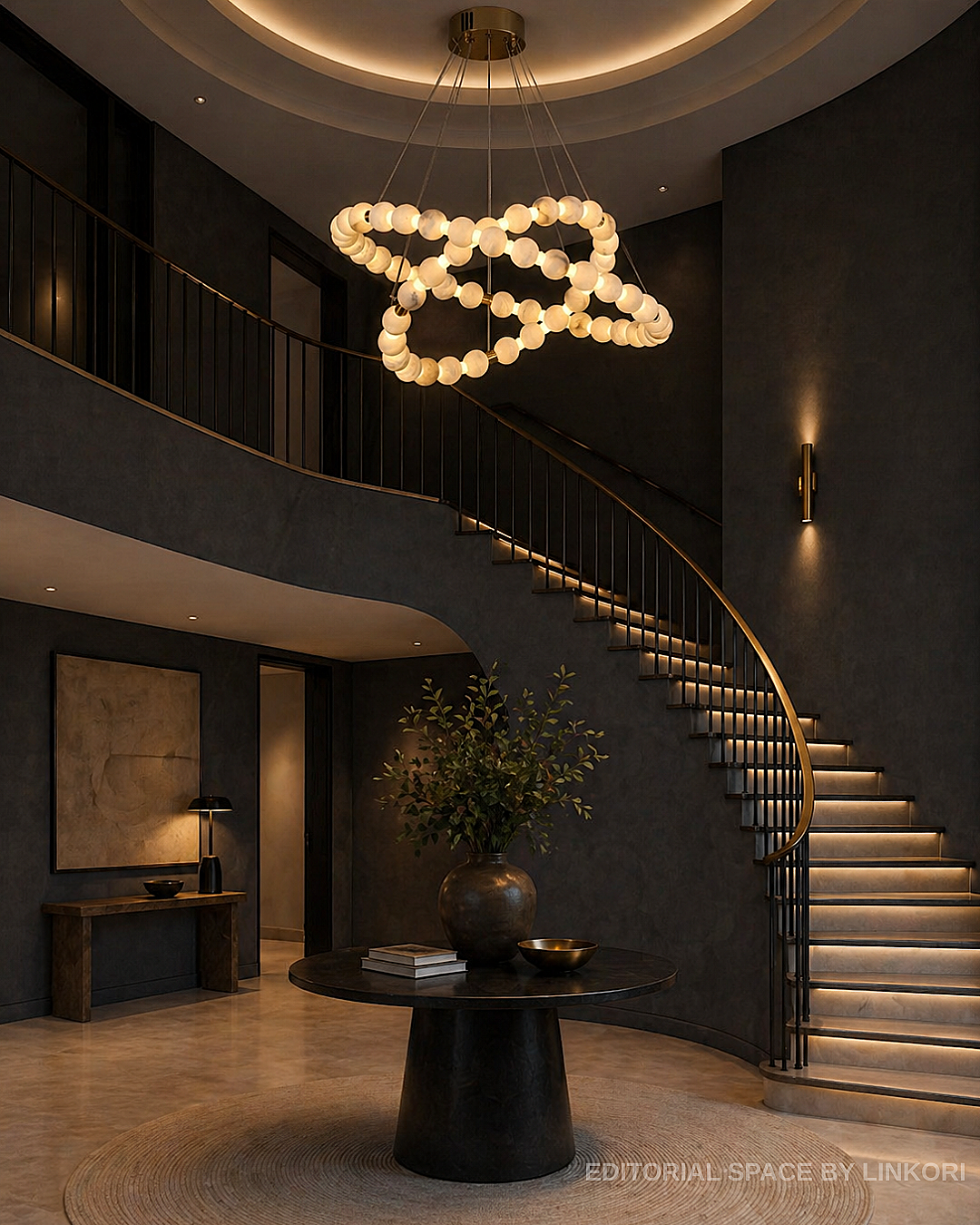 Modern alabaster chandelier in a dramatic foyer with a curved staircase - L&B