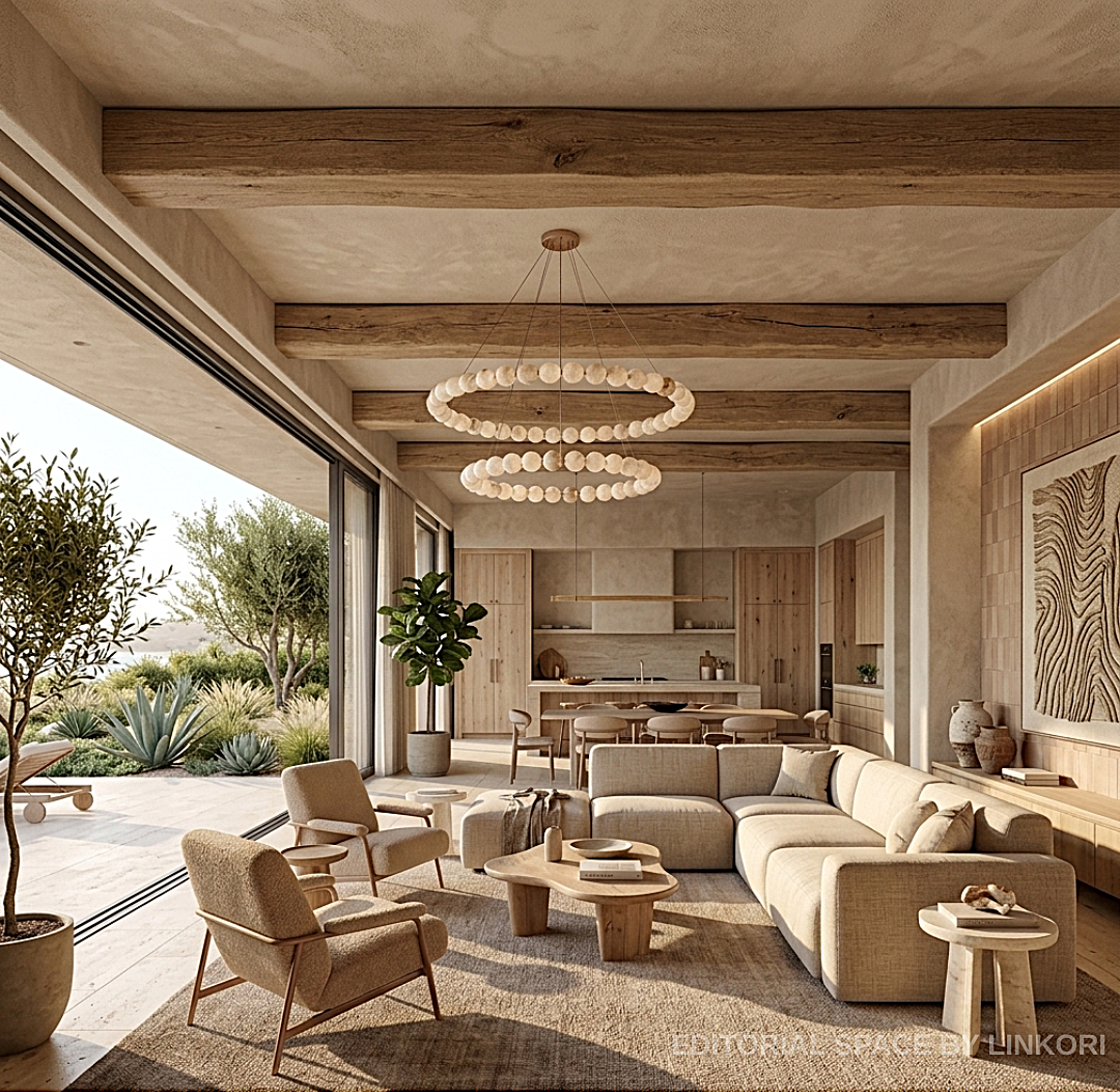 2-tier alabaster chandelier in an open-concept living room with natural light - L&B