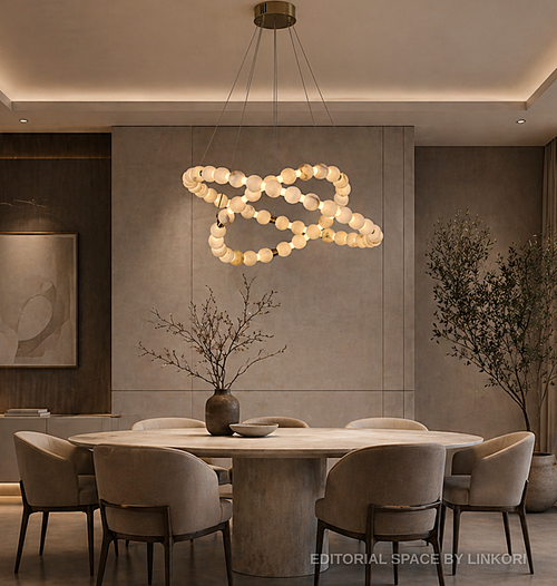 2-tier alabaster globe ring chandelier above a round dining table in a warm modern dining room - L&B