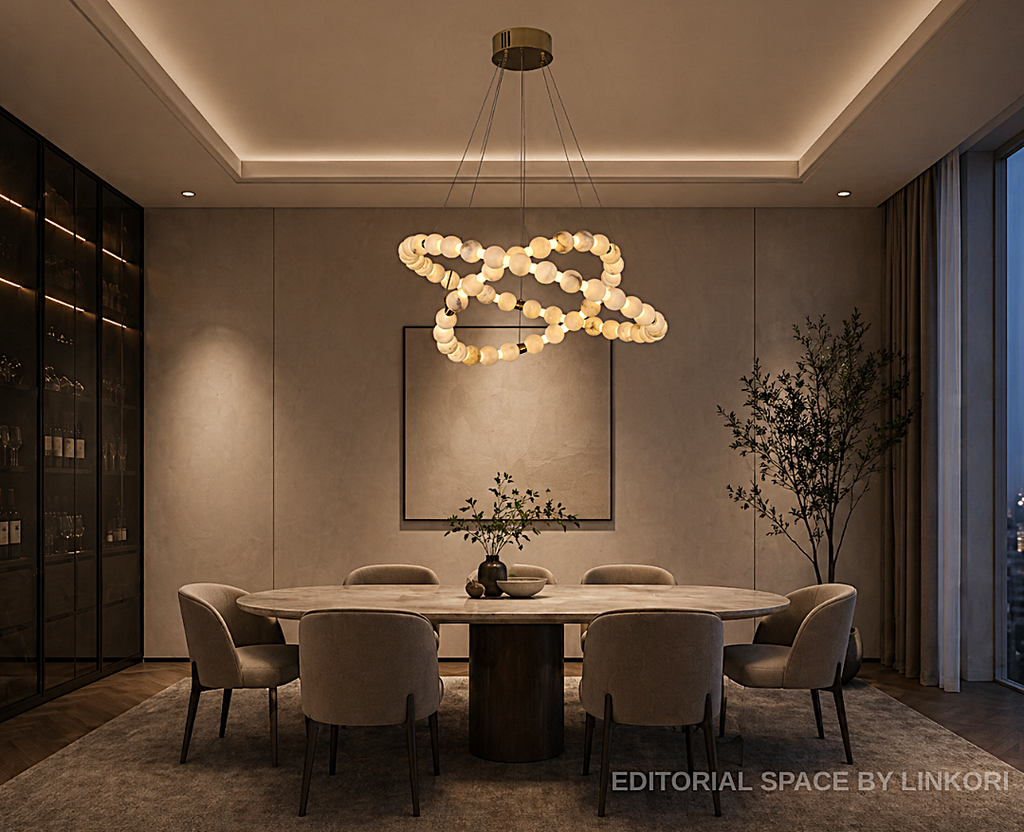 Alabaster globe ring chandelier above a round dining table in a quiet luxury dining room - L&B