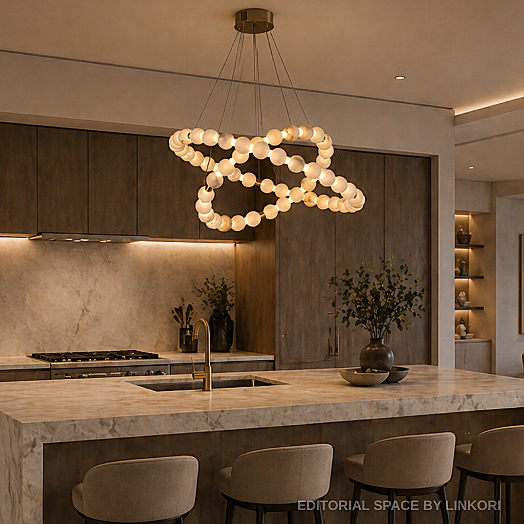 Alabaster double ring chandelier above a dining table in a quiet luxury dining room - L&B