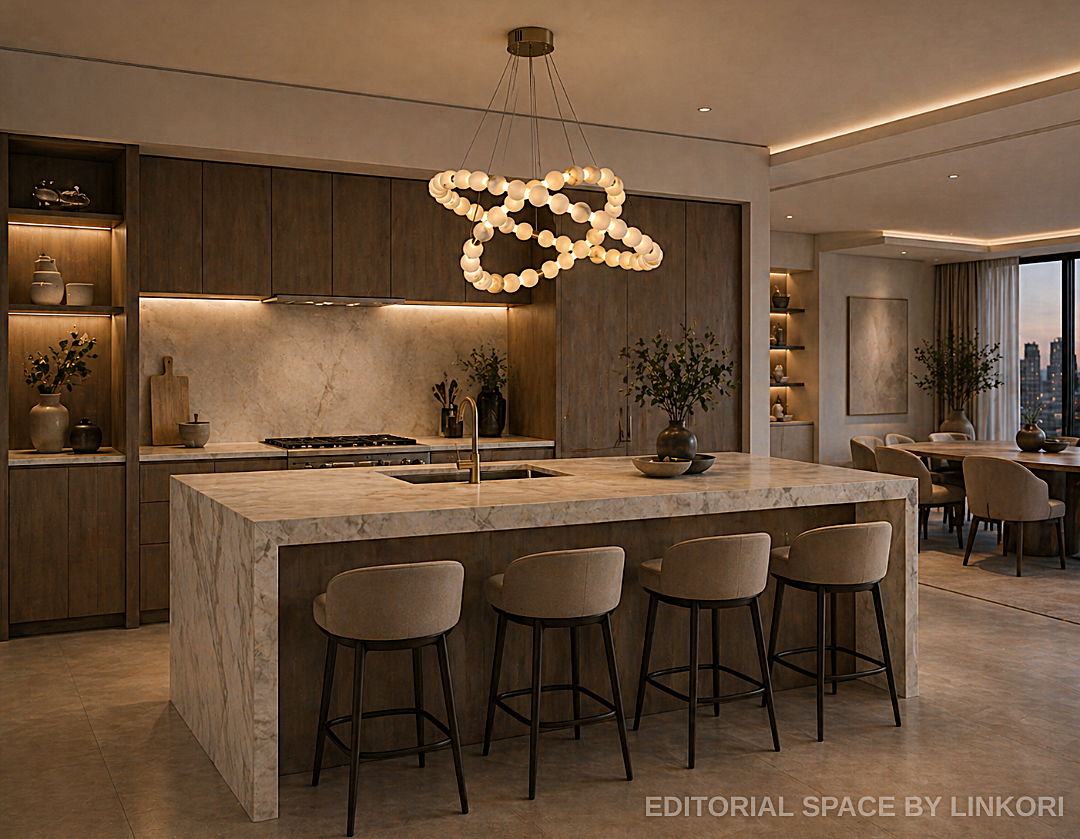Modern alabaster chandelier above a kitchen island in a warm contemporary interior - L&B
