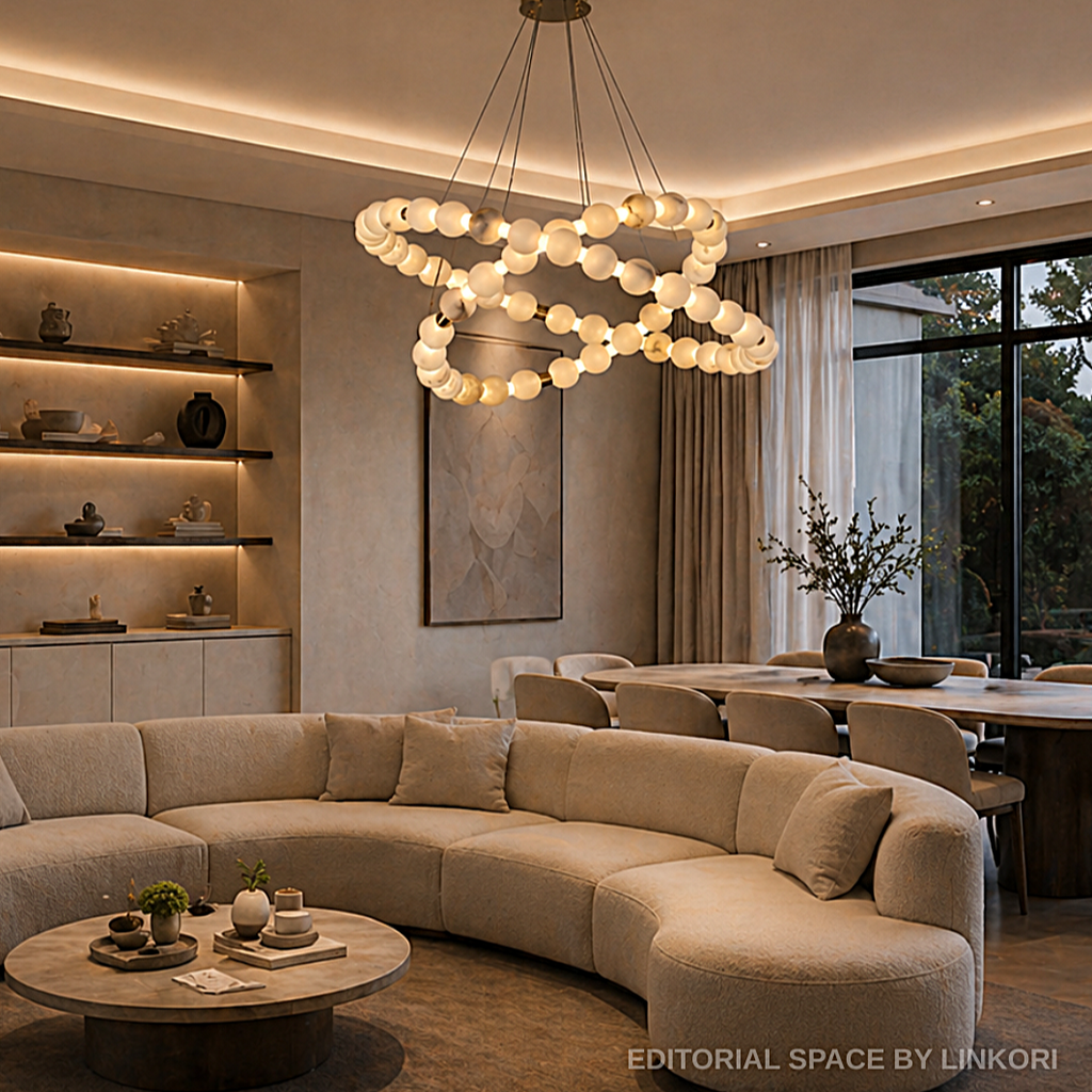 Alabaster globe ring chandelier in a warm contemporary living room with neutral seating - L&B