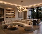 Alabaster globe ring chandelier in an organic modern living room with curved neutral furniture - L&B