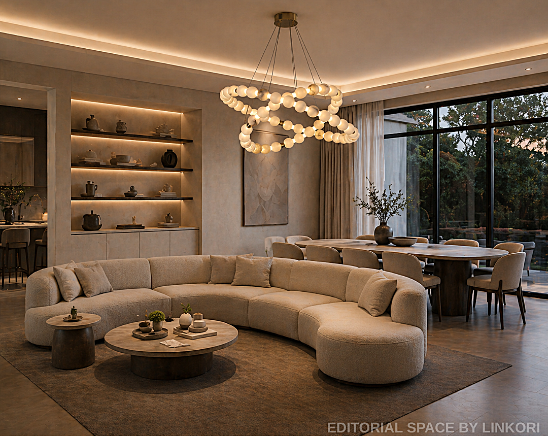 Alabaster globe ring chandelier in an organic modern living room with curved neutral furniture - L&B