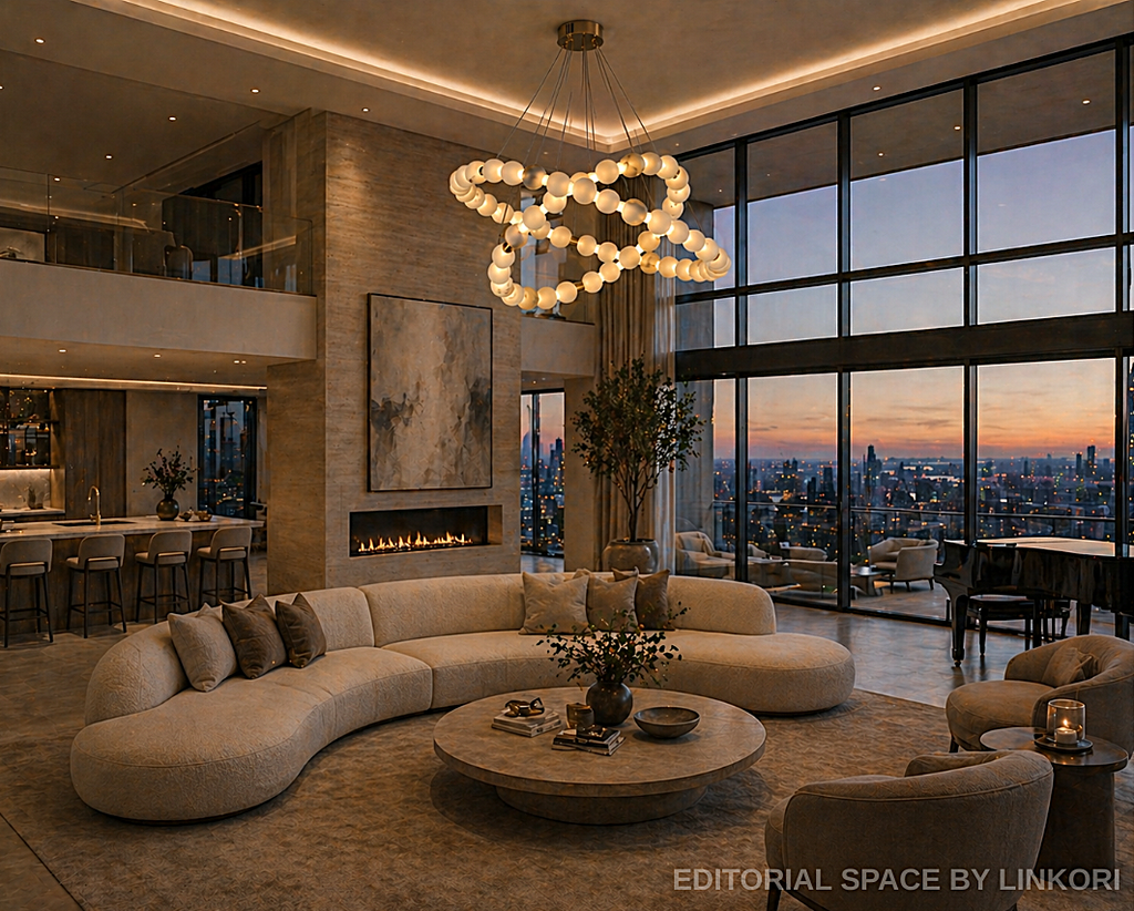 2-tier alabaster statement chandelier in a luxury living room with floor-to-ceiling city views - L&B