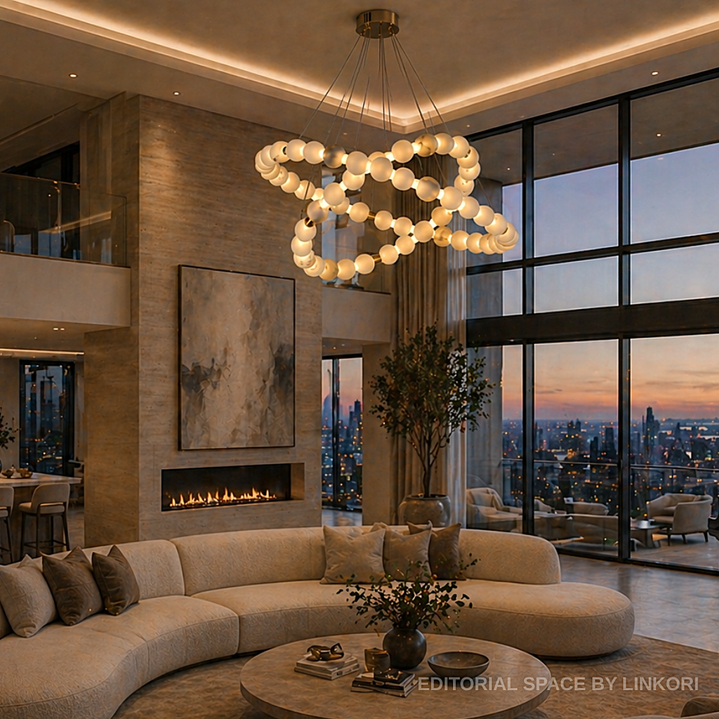 2-tier alabaster ring chandelier in a modern luxury living room with city views - L&B