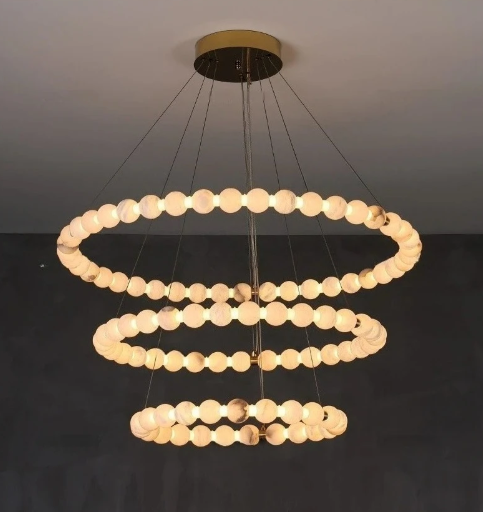 Large 3-tier alabaster globe ring chandelier with a gold canopy for foyers and high ceilings - L&B