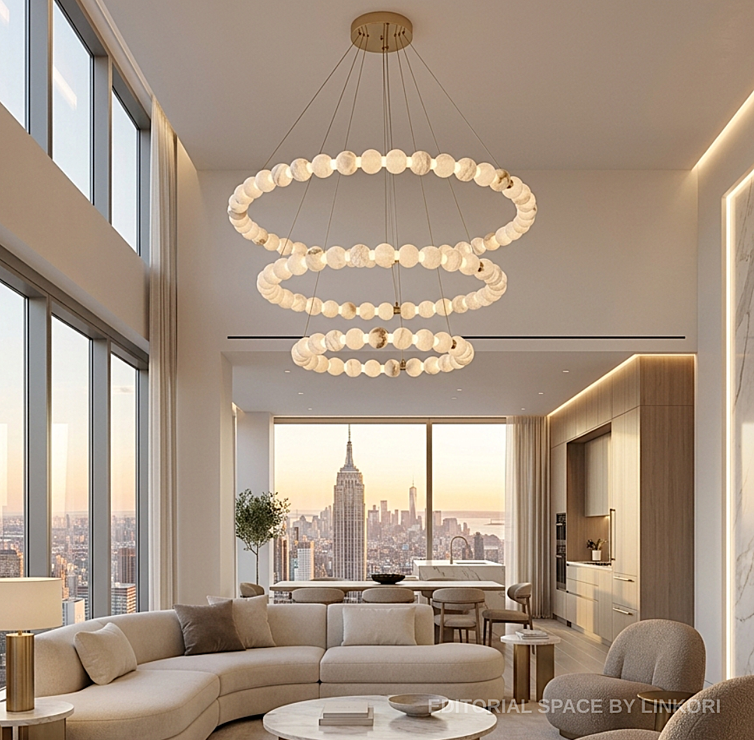 Alabaster globe tiered chandelier above a quiet luxury living room with floor-to-ceiling windows - L&B