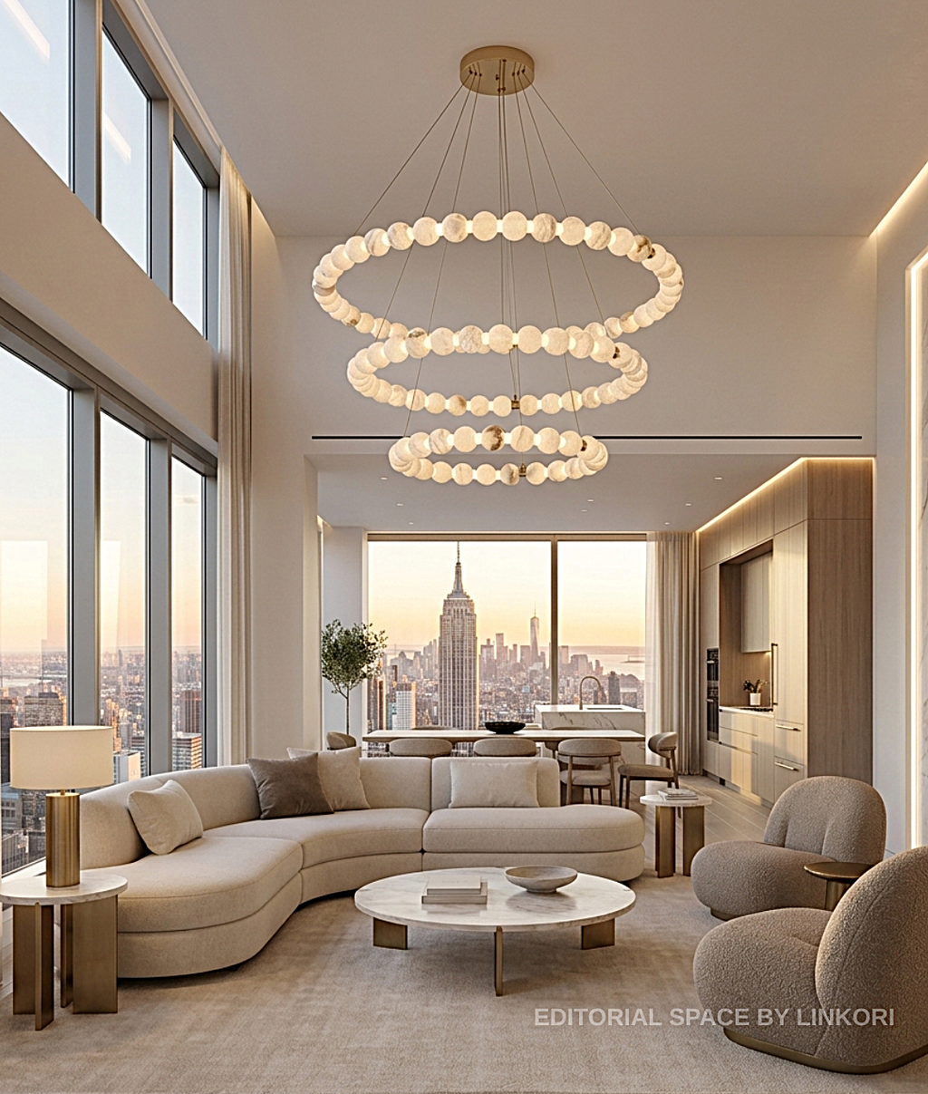 Modern multi-tier alabaster chandelier in an airy organic modern living room - L&B