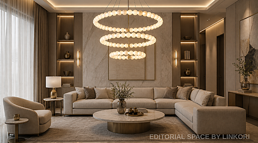 Modern 3-ring alabaster chandelier in a warm contemporary living room with neutral furniture - L&B