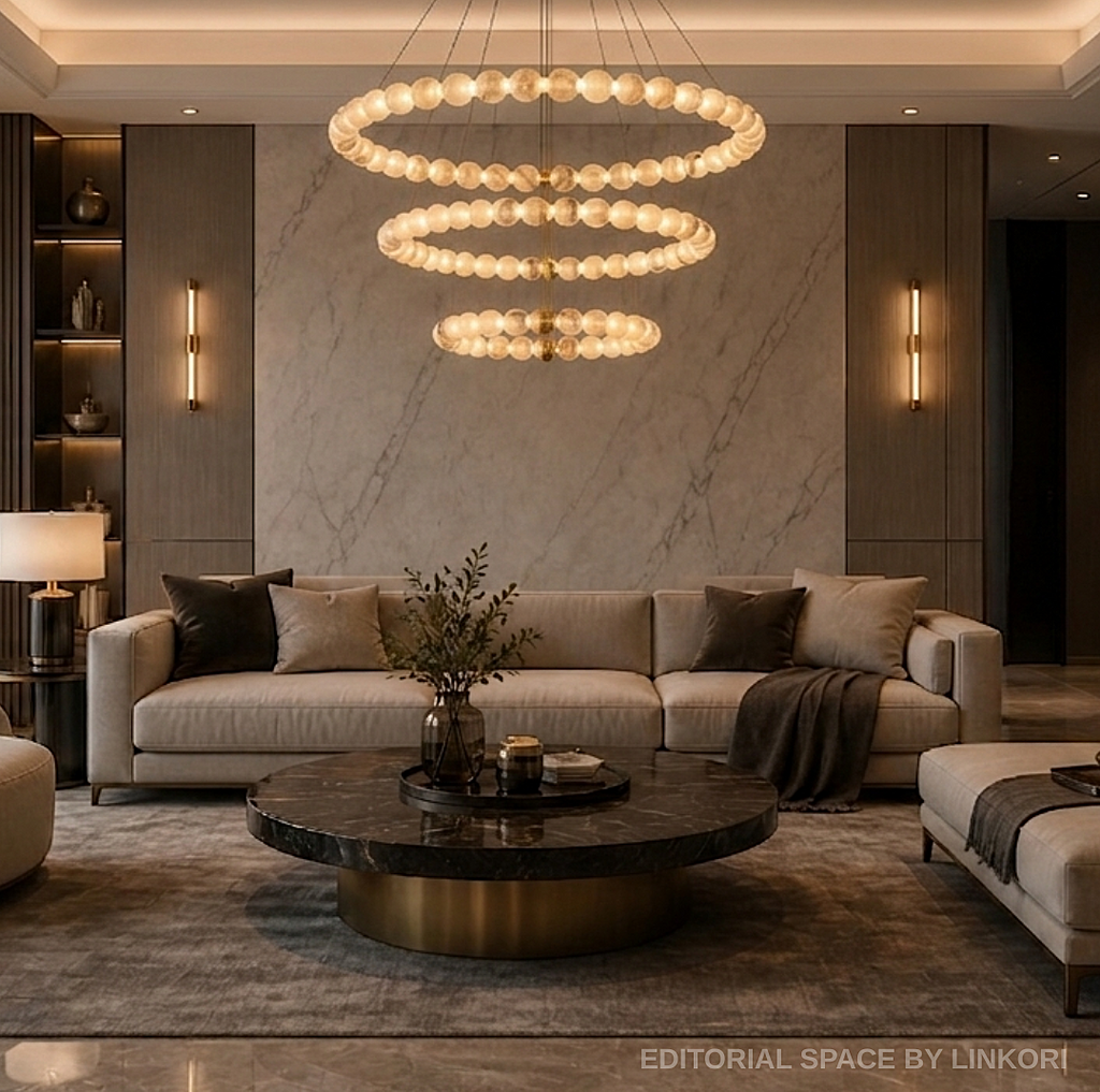 3-tier alabaster globe chandelier in a luxury living room with warm wood and stone finishes - L&B
