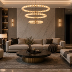 3-tier alabaster globe chandelier in a luxury living room with warm wood and stone finishes - L&B