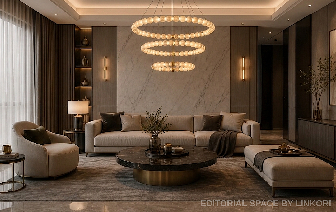 Statement 3-tier alabaster globe chandelier in a moody luxury living room interior - L&B